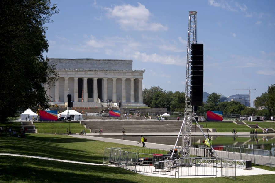 Preparations are underway a day before the 60th anniversary of the March on Washington where Martin Luther King, Jr., gave his "I Have a Dream" speech at the Lincoln Memorial in Washington, Friday, Aug. 25, 2023. (AP Photo/Andrew Harnik)