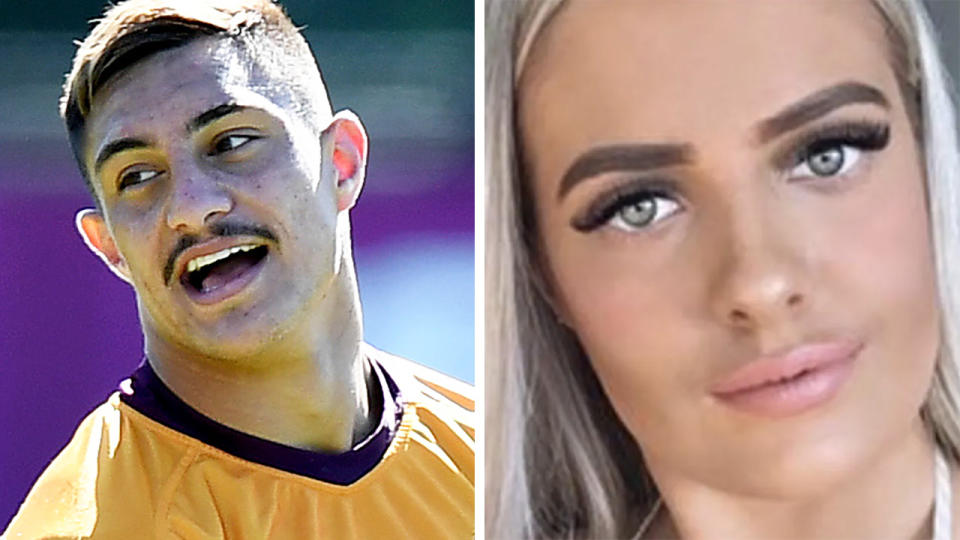 A 50-50 split image shows Brisbane's Kotoni Staggs on the left and a screenshot of McKenzie Robinson on the right.