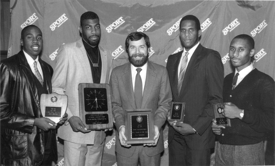 Left to right: Seton Hall's John Morton, Mark Bryant, P.J. Carlesimo, Ramon Ramos and James Major after the 1987-88 season