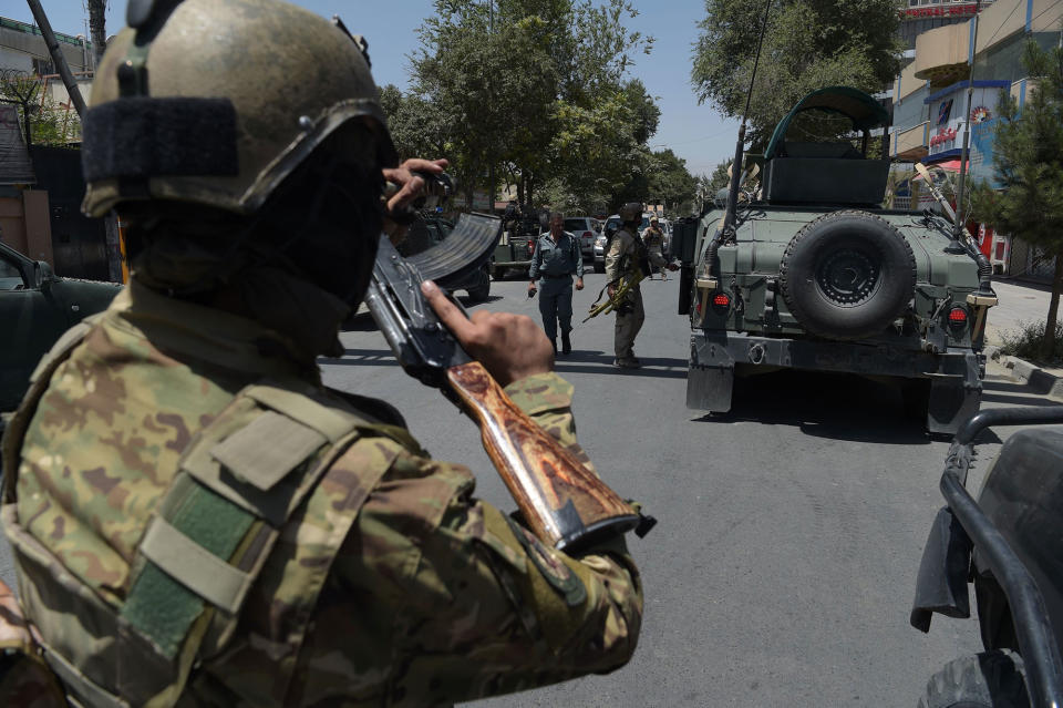 <p>Afghan security arrive at the site of a suicide blast near Iraq’s embassy in Kabul on July 31, 2017.<br> A series of explosions and the sound of gunfire shook the Afghan capital on July 31, with a security source telling AFP that a suicide bomber had blown himself up in front of the Iraqi embassy. “Civilians are being evacuated” from the area as the attack is ongoing, said the official, who declined to be named.<br> (Shah Marai/AFP/Getty Images) </p>