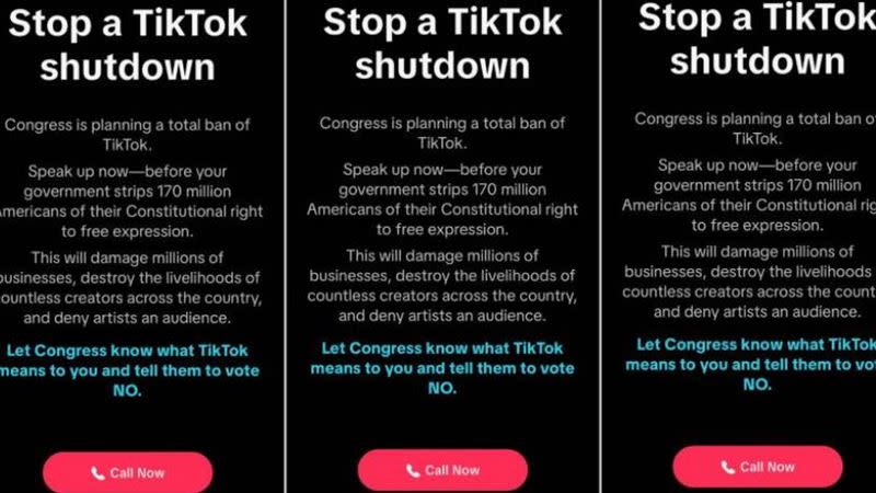 TikTok批評美國國會剝奪言論自由，滿版廣告要求用戶「致電國會施壓」卻引發美國民眾反彈。（圖／翻攝自社群網站X）