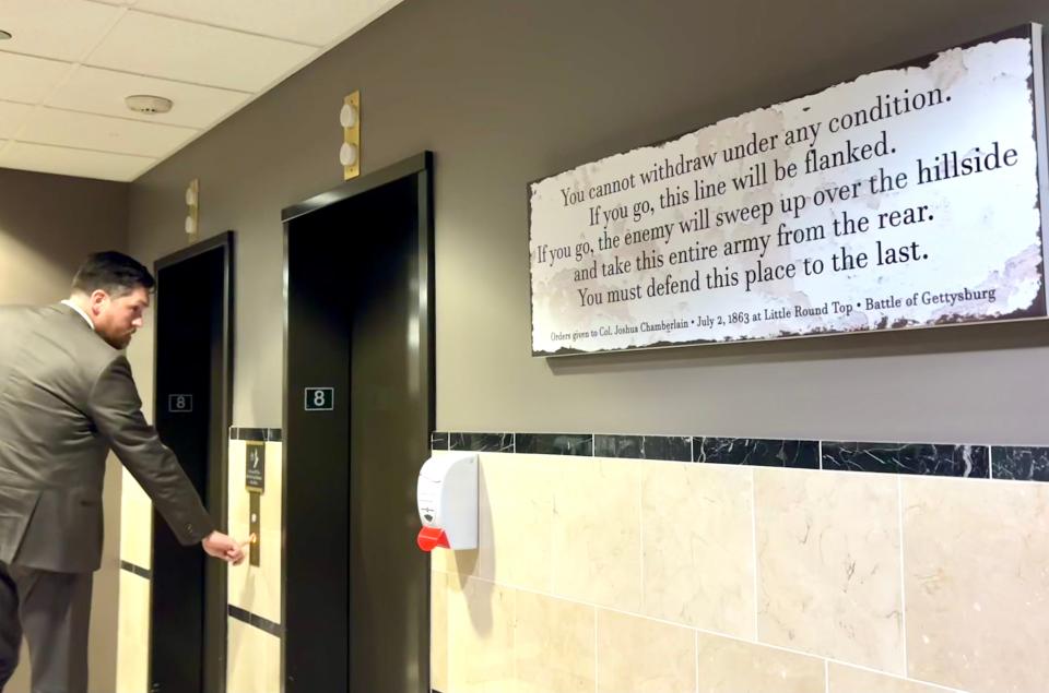 Signs hanging inside of the Hamilton County Prosecutor's Office read: “You cannot withdraw under any condition ... You must defend this place to the last." The quote is attributed to Col. Joshua Chamberlain on July 2, 1863, at the Battle of Gettysburg.