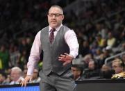 Mar 24, 2019; San Jose, CA, USA; Virginia Tech Hokies head coach Buzz Williams reacts against the Liberty Flames during the second half in the second round of the 2019 NCAA Tournament at SAP Center. Mandatory Credit: Kelley L Cox-USA TODAY Sports