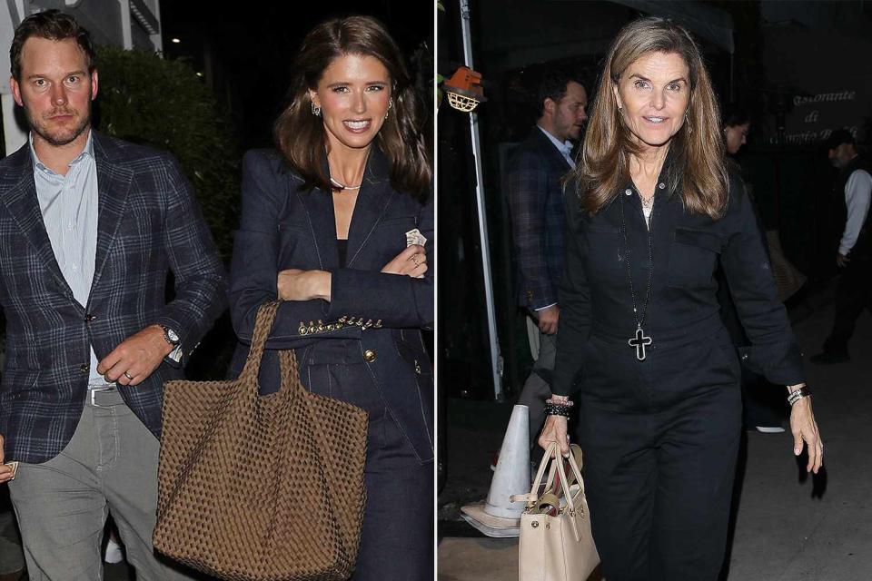 <p>The Hollywood Curtain / BACKGRID</p> From left: Chris Pratt, Katherine Schwarzenegger and Maria Shriver enjoy a night out together in Santa Monica.