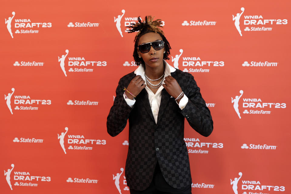 Tennessee's Jordan Horston arrives at the WNBA basketball draft, Monday, April 10, 2023, in New York. (AP Photo/Adam Hunger)