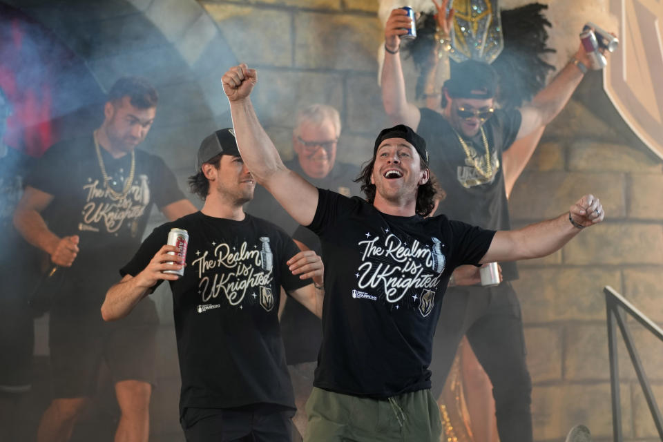 Vegas Golden Knights right wing Jonathan Marchessault celebrates during a rally after a parade along the Las Vegas Strip for the NHL hockey champions Saturday, June 17, 2023, in Las Vegas. (AP Photo/John Locher)