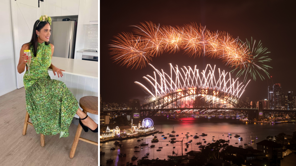 A composite image of Alicia Skinner who rents out her dresses on the volte and Sydney harbour bridge lit up with fireworks for new years.