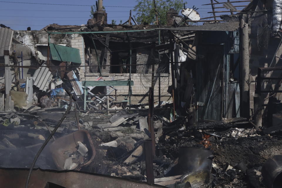 A private house that was damaged in the night, following Russian shelling in Malokaterinivka, Zaporizhzhia region, Ukraine, Thursday, May 11, 2023. (AP Photo/Andriy Andriyenko)
