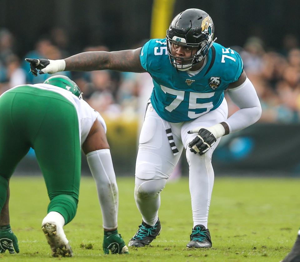 Jacksonville Jaguars offensive tackle Jawaan Taylor (75) during the first half of an NFL football game against the New York Jets at TIAA Bank Field, Sunday, Oct. 27, 2019 in Jacksonville, Fla. [Gary Lloyd McCullough/For The Florida Times-Union]