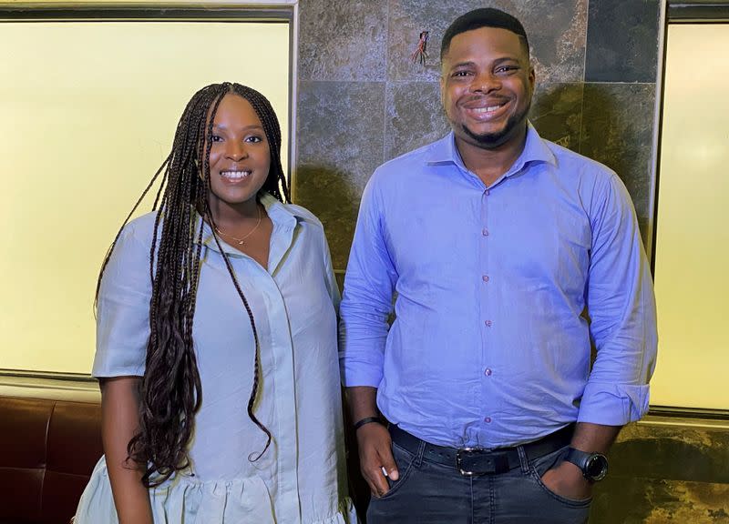 Temidayo Makanjuola and James Amuta, co-producers of Oloture film, pose for a picture during an interview with Reuters in Lagos