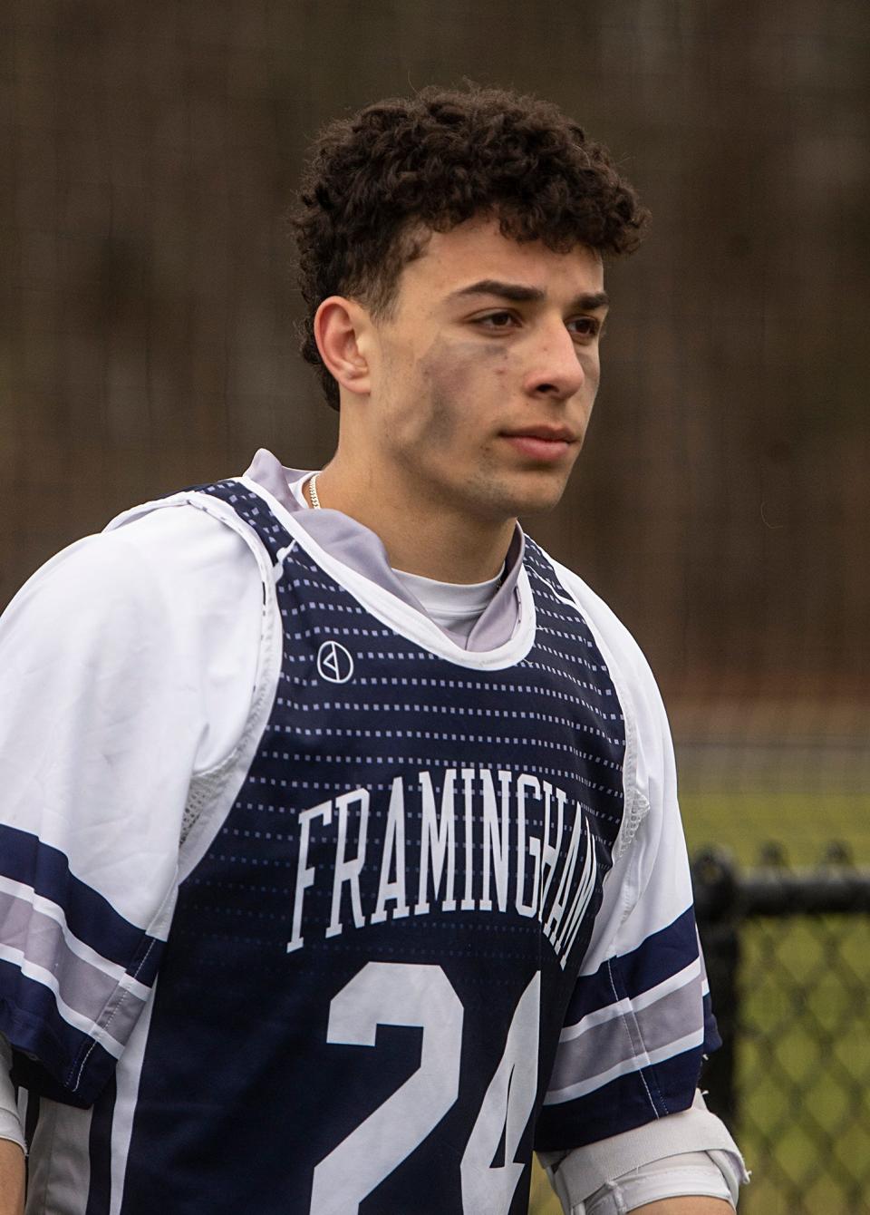 Framingham High School senior Noah Albright, at Fuller Field, April 11, 2024.