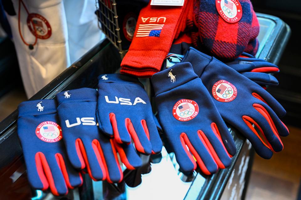 Team USA Beijing winter Olympics Olympic village merchandise designed by Ralph Lauren is displayed on Jan. 19, 2022, in New York.