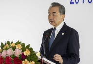 China's Foreign Minister Wang Yi speaks during a joint press conference of the Co-Chairs Special ASEAN-China Foreign Ministers' meeting on the Novel Coronavirus Pneumonia in Vientiane, Laos, Thursday, Feb. 20, 2020. (AP Photo/Sakchai Lalit)