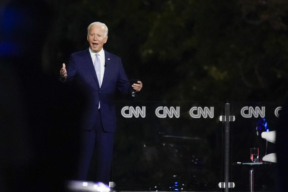 Democratic presidential candidate former Vice President Joe Biden participates in a CNN town hall moderated by Anderson Cooper in Moosic, Pa., Thursday, Sept. 17, 2020. (AP Photo/Carolyn Kaster)