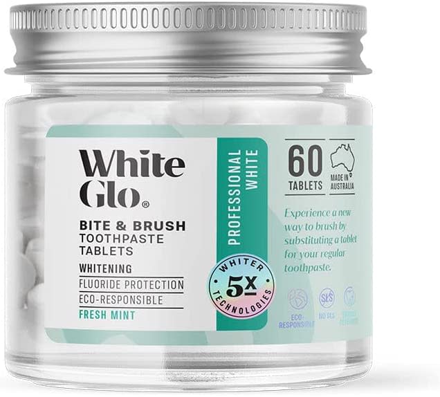White Glo Bite &amp; Brush Professional White Toothpaste Tablets on a white background
