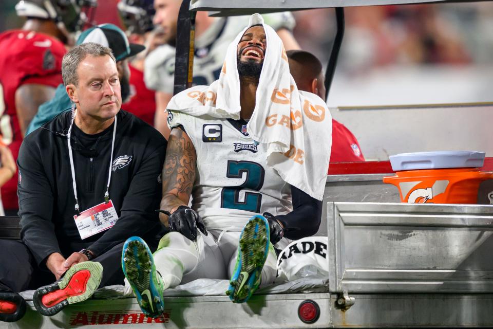 Philadelphia Eagles cornerback Darius Slay (2) reacts in pain as he is carted off of the field with an injury during an NFL wild-card playoff football game, Monday, Jan. 15, 2024 in Tampa, Fla.