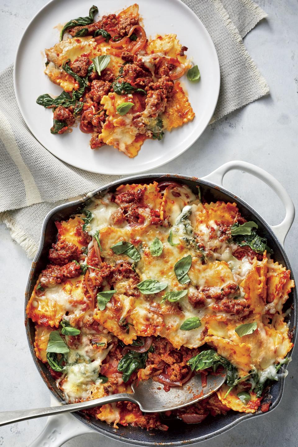 Beefy Baked Ravioli with Spinach and Cheese