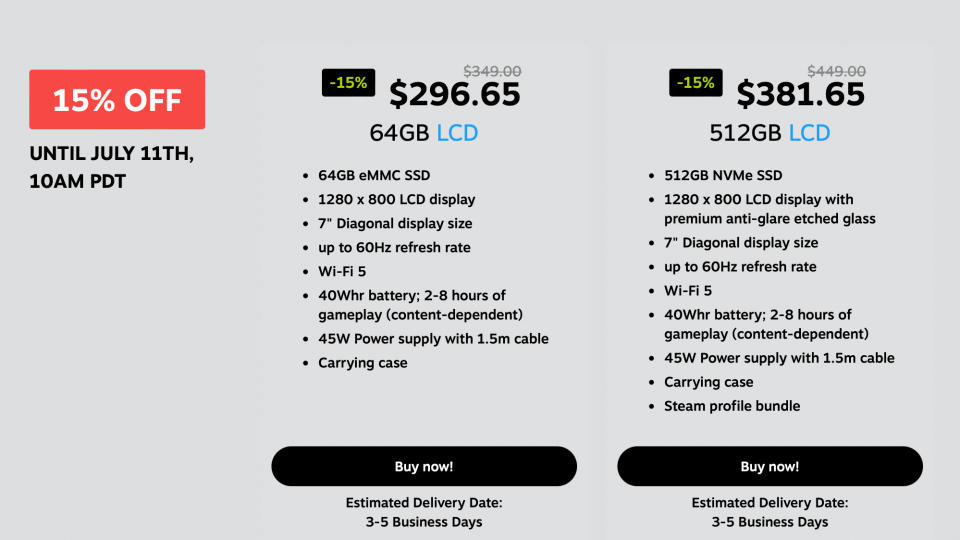 A screenshot from Valve's website shows the specs and features of the two Steam Deck models on sale (64GB LCD: $269.65, 512GB LCD: $381.65).