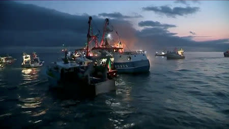 French and British fishing boats collide during scrap in English Channel over scallop fishing rights, August 28, 2018 in this still image taken from a video. France 3 Caen/via REUTERS