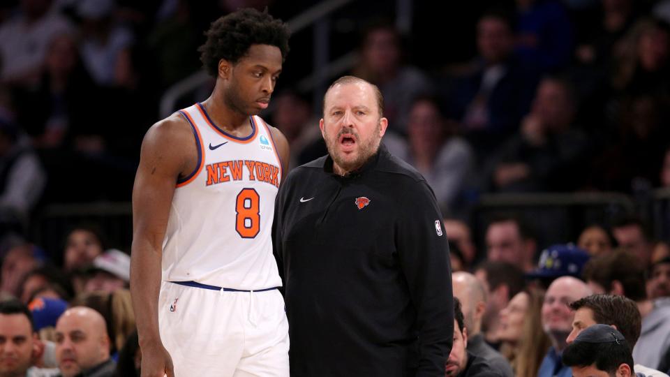 Jan 3, 2024; New York, New York, USA; New York Knicks head coach Tom Thibodeau talks to forward OG Anunoby (8) during the fourth quarter against the Chicago Bulls at Madison Square Garden