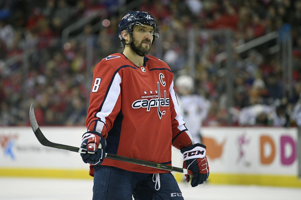 FILE - In this Dec. 15, 2018, file photo, Washington Capitals left wing Alex Ovechkin, of Russia, stands on the ice during the second period of an NHL hockey game against the Buffalo Sabres, in Washington. Ovechkin has decided to skip the All-Star Weekend in San Jose to get some extra rest and will serve an automatic one-game suspension. The Capitals announced Ovechkin's decision Wednesday, Jan. 2, 2019. (AP Photo/Nick Wass, File)