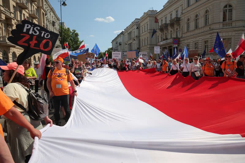 Polish opposition organises protest march on the anniversary of first postwar democratic elections, in Warsaw