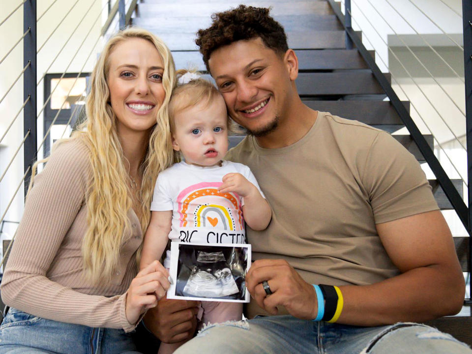 ​The NFL star and soccer player, who married in March after 10 years of dating, shared their exciting baby news via Instagram over Memorial Day Weekend. The pair posed with daughter Sterling in a series of photos, including one shot where they held up baby No. 2's sonogram, and another where Sterling is rocking a shirt that reads, "I Have a Secret to Tell You."