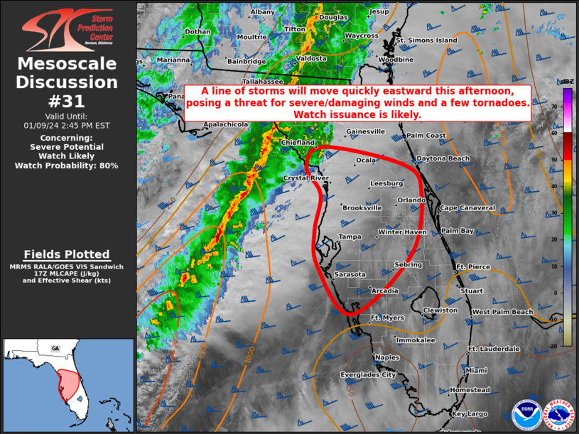 The NWS Storm Prediction Center said a line of thunderstorms will move quickly eastward this afternoon, posing a threat for severe/damaging winds and a few tornadoes" across Florida.