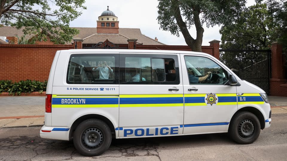 A South African Police Service (SAPS) vehicle is seen outside Oscar Pistorius' uncle's house in Waterkloof, a suburb of Pretoria, on January 5, 2024. - Olympia de Maismont/AFP/Getty Images