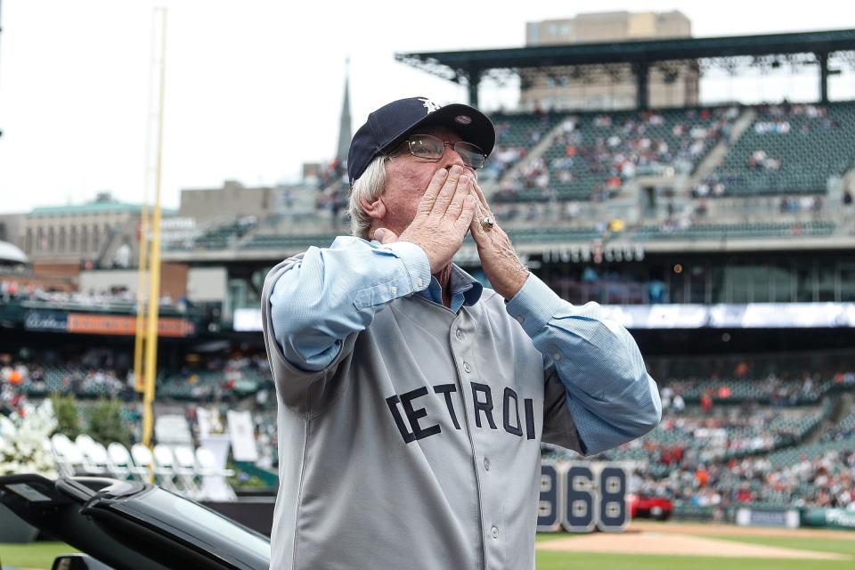 Former Tigers infielder Tom Matchick shows his appreciation of fans during Detroit Tigers celebration of the 50th anniversary of 1968 World Series championship at Comerica Park in downtown Detroit, Saturday, September 8, 2018.