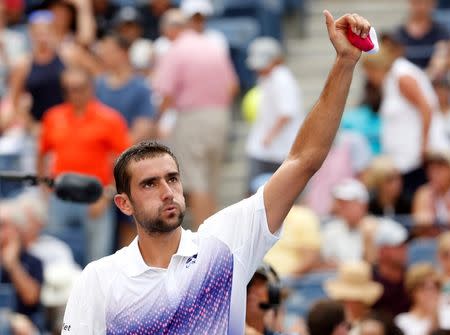 Sep 2, 2015; New York, NY, USA; Marin Cilic of Croatia celebrates after recording match point against Evgeny Donskoy of Russia on day three of the 2015 U.S. Open tennis tournament at USTA Billie Jean King National Tennis Center. Mandatory Credit: Geoff Burke-USA TODAY Sports