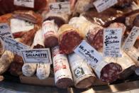 Prices are seen on meats in a market in Manhattan, New York City