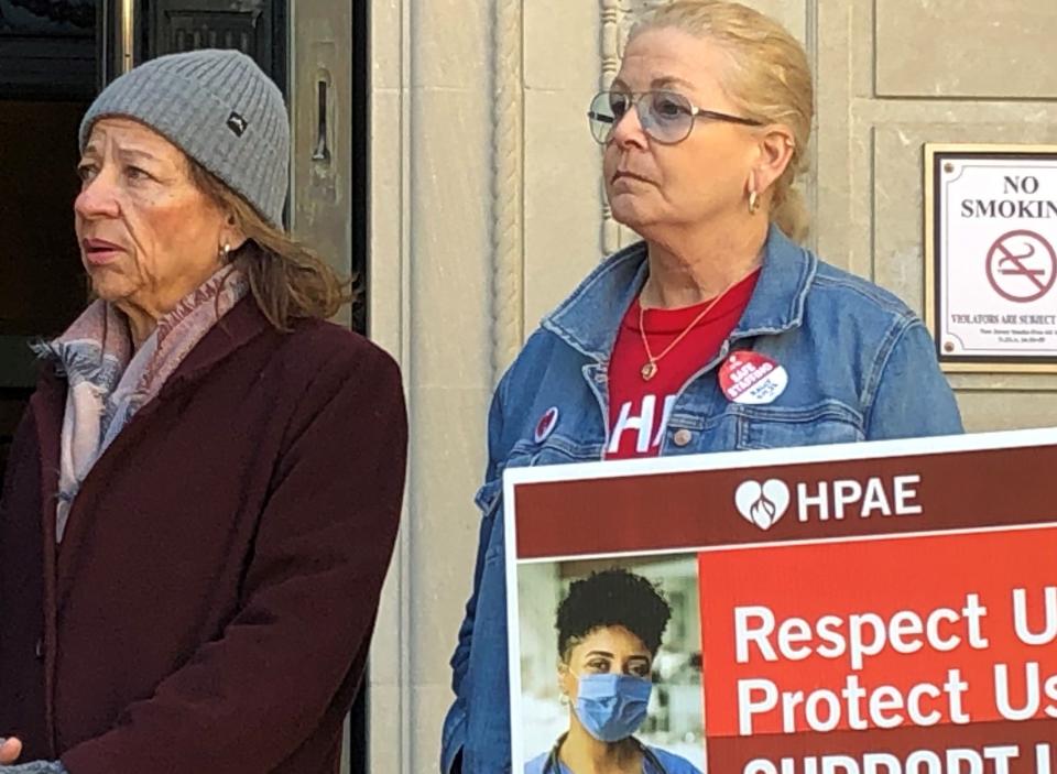 Sheryl Mount, HPAE Local 5105 president and a nurse for 39 years, (right) says hospital morale is at a low point and urged lawmakers to mandate staffing guidelines.