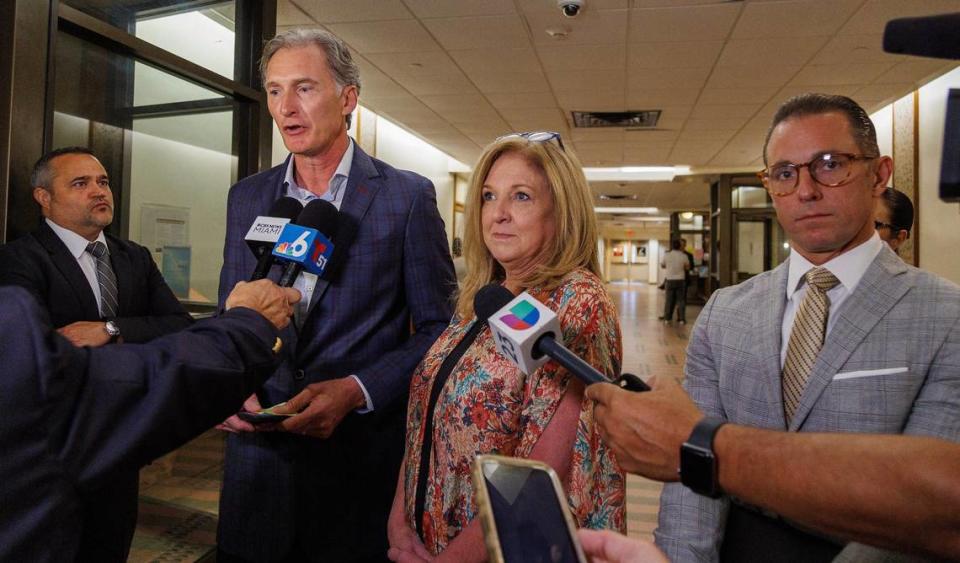 Kim and Deborah Clenney, the parents of the OnlyFans model Courtney Clenney, talk to the press after the Miami-Dade State Attorney’s Office dropped computer hacking charges against them and their daughter Thursday, July 11, 2024, during a hearing in front of Miami-Dade Circuit Judge Laura Shearon Cruz. Courtney is facing a second-degree murder charge in the death of her boyfriend in their Miami condo in April 2022.