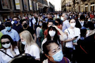 People gather in Rome, Tuesday, June 2, 2020 on the occasion of the celebrations for the 74th anniversary of the Italian Republic. (Cecilia Fabiano/LaPresse via AP)