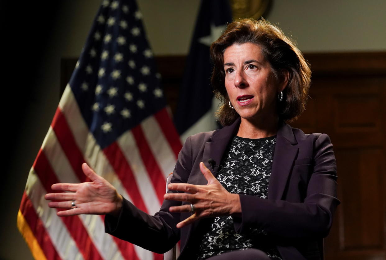 U.S. Commerce Secretary Gina Raimondo speaks during a Reuters interview at the Department of Commerce in Washington U.S., September 23, 2021. REUTERS/Kevin Lamarque