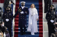 Jennifer Lopez arrives to sing during the 59th Presidential Inauguration at the U.S. Capitol in Washington, Wednesday, Jan. 20, 2021. (AP Photo/Patrick Semansky, Pool)