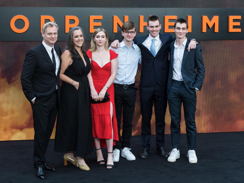 Christopher Nolan, Emma Thomas, and their children at the UK premiere of "Oppenheimer" in London, United Kingdom on July 13, 2023.