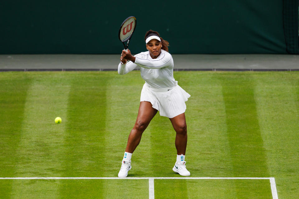 Serena Williams, pictured here practicing on Centre Court ahead of Wimbledon.