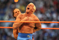 <p>Ric Flair (front) and Shawn Michaels wrestle in the Career Threatening Match at WrestleMania XXIV at the Citrus Bowl on Sunday, March 30, 2008, in Orlando, Florida. (Jacob Langston/Orlando Sentinel/MCT) </p>