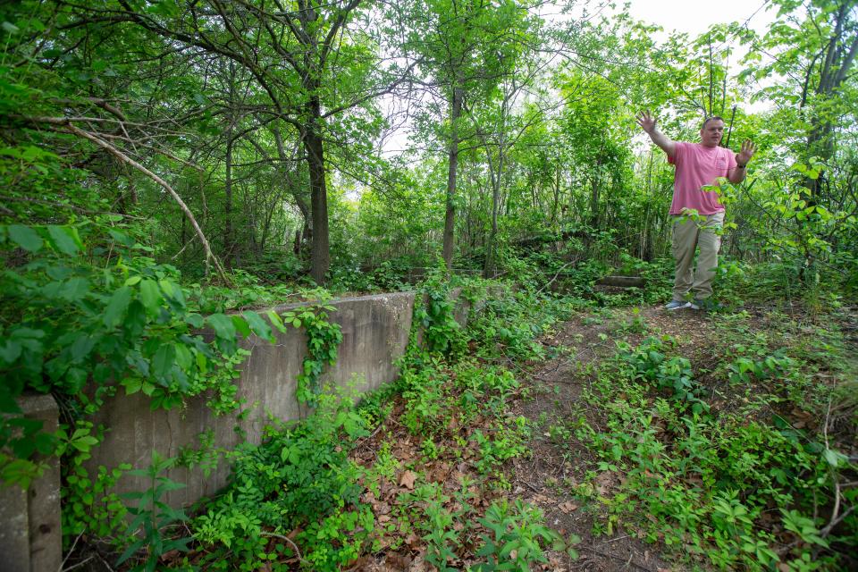Matawan historian Kurtis Roinestad tours the remains of the saltwater swimming pool as he describes Cliffwood Beach's heyday as a resort town in the Roaring 20s in Cliffwood Beach, NJ Tuesday, May 23, 2023.