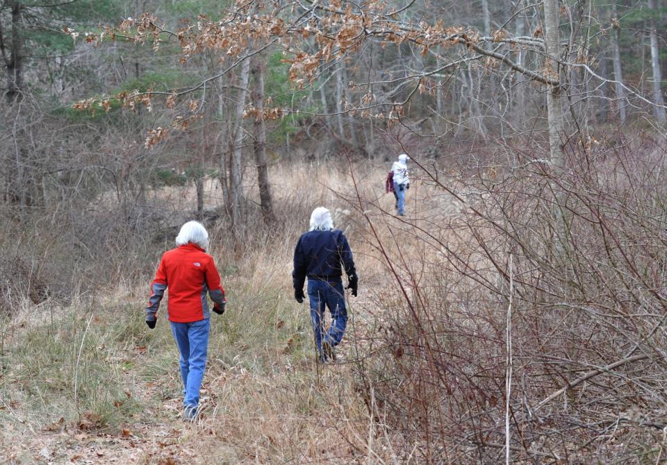 Hikers make their way near Tack Factory Pond in Norwell during the North and South Rivers Watershed Association's New Year’s Day Third Herring Brook Dam Breakthrough Tour on Friday, Jan. 1, 2020.