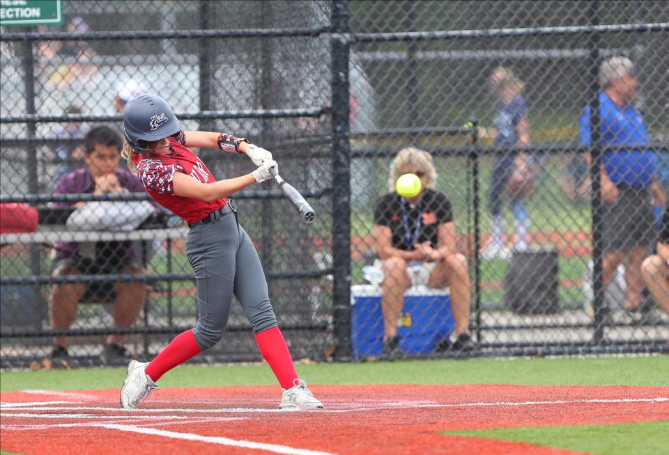 Chenango Valley's Colsten Beers (8) connects with a pitch in the NYSPHSAA Class B semifinal against Marlboro at Moriches Athletic Complex in Moriches on Saturday, June 11, 2022.