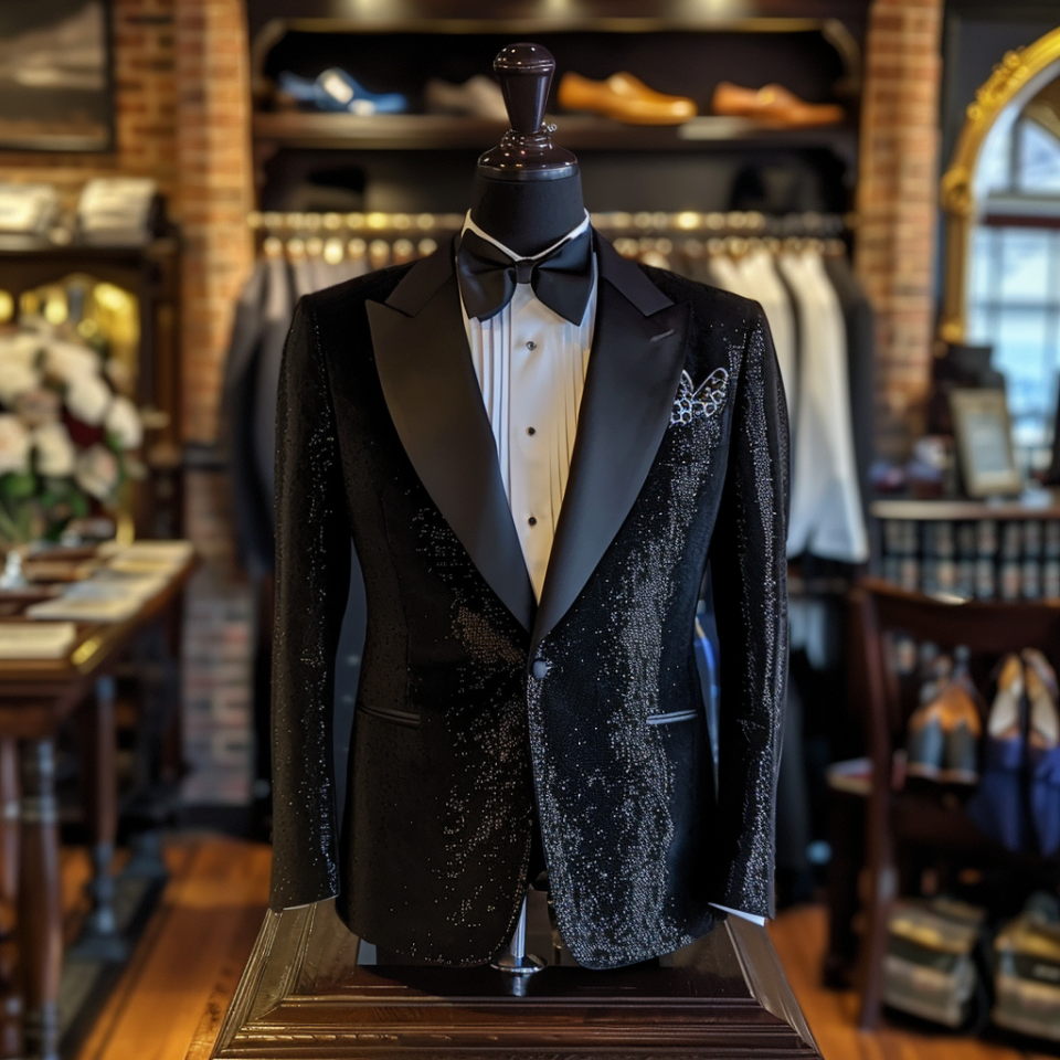 Mannequin dressed in a sparkling tuxedo with a bow tie and pocket square, displayed in a shop