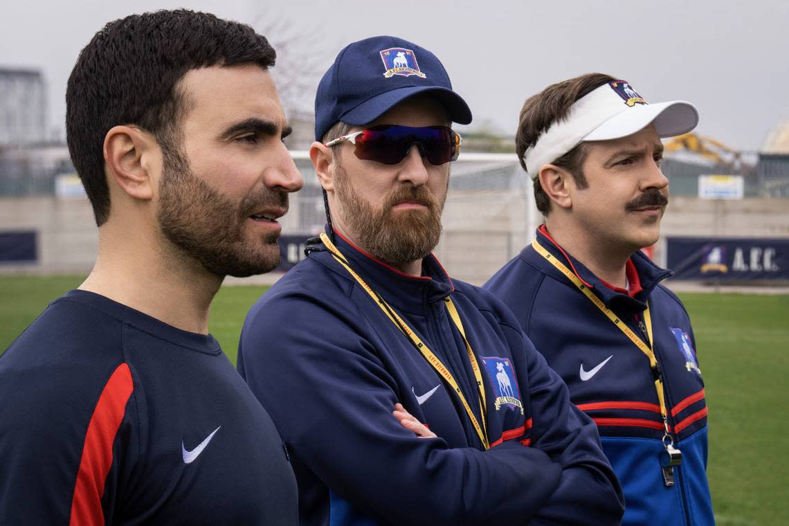 The triumvirate of AFC Richmond coaches, from left: Roy Kent (Brett Goldstein), Coach Beard (Brendan Hunt) and Ted Lasso (Jason Sudeikis).