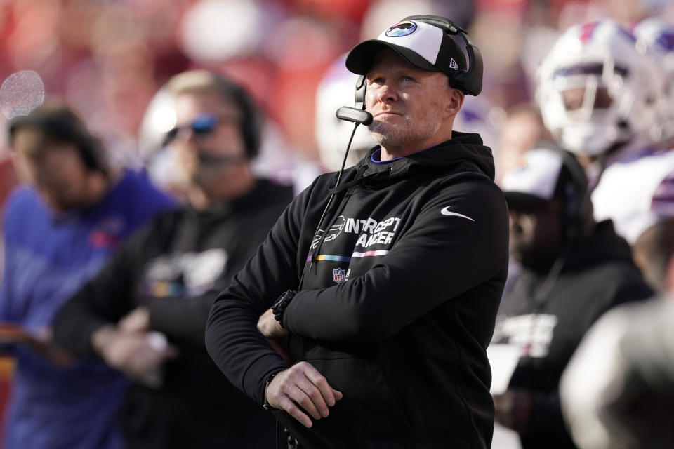 Buffalo Bills head coach Sean McDermott watches from the sidelines during the first half of an NFL football game against the Kansas City Chiefs Sunday, Oct. 16, 2022, in Kansas City, Mo. (AP Photo/Charlie Riedel)