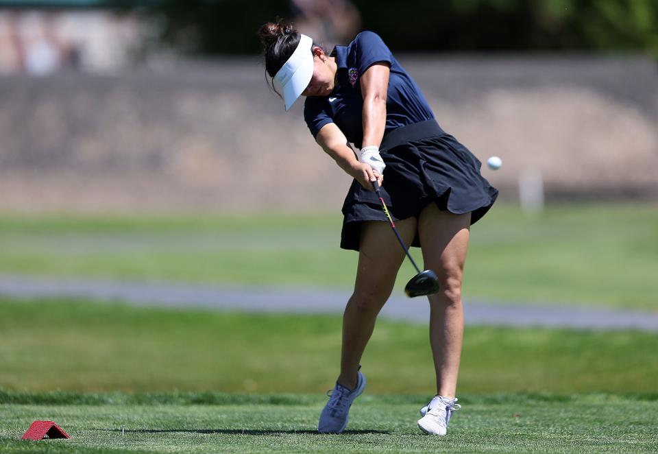 Natalie McLane, of APA Draper, hits her ball as she competes in the 2A girls state championships at Lakeside Golf Course in West Bountiful on Tuesday, May 16, 2023. McLane went on to take the individual state title. | Scott G Winterton, Deseret News