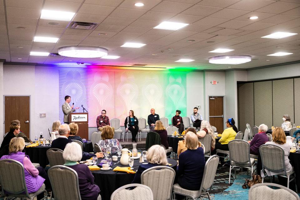 Adam Zabner, Elinor Levin, Dave Jacoby, Janice Weiner, and Zach Wahls participate in a League of Women Voters Legislative forum, Saturday, Dec. 3, 2022, in Coralville, Iowa.