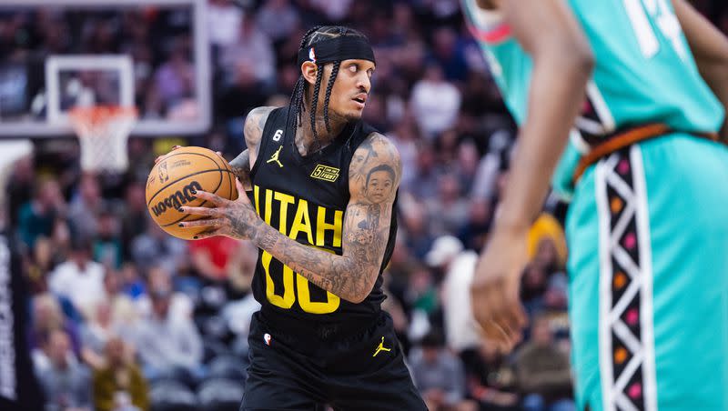 Utah Jazz guard Jordan Clarkson (00) scans the court during an NBA game at Vivint Arena in Salt Lake City on Saturday, Feb. 25, 2023.