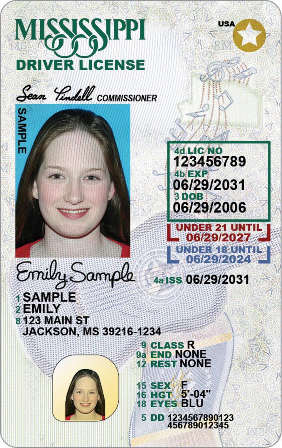 A sample drivers license shows the new design for Mississippi residents under 21.